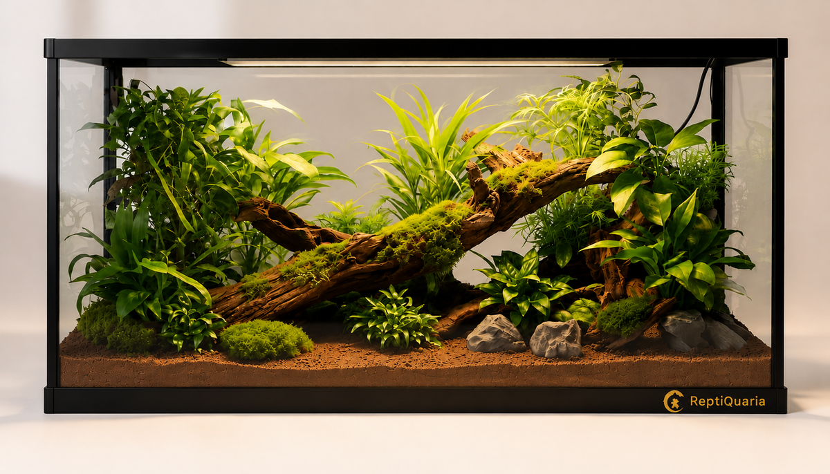 ReptiQuaria planted reptile terrarium with live plants, driftwood and naturalistic reptile enclosure setup